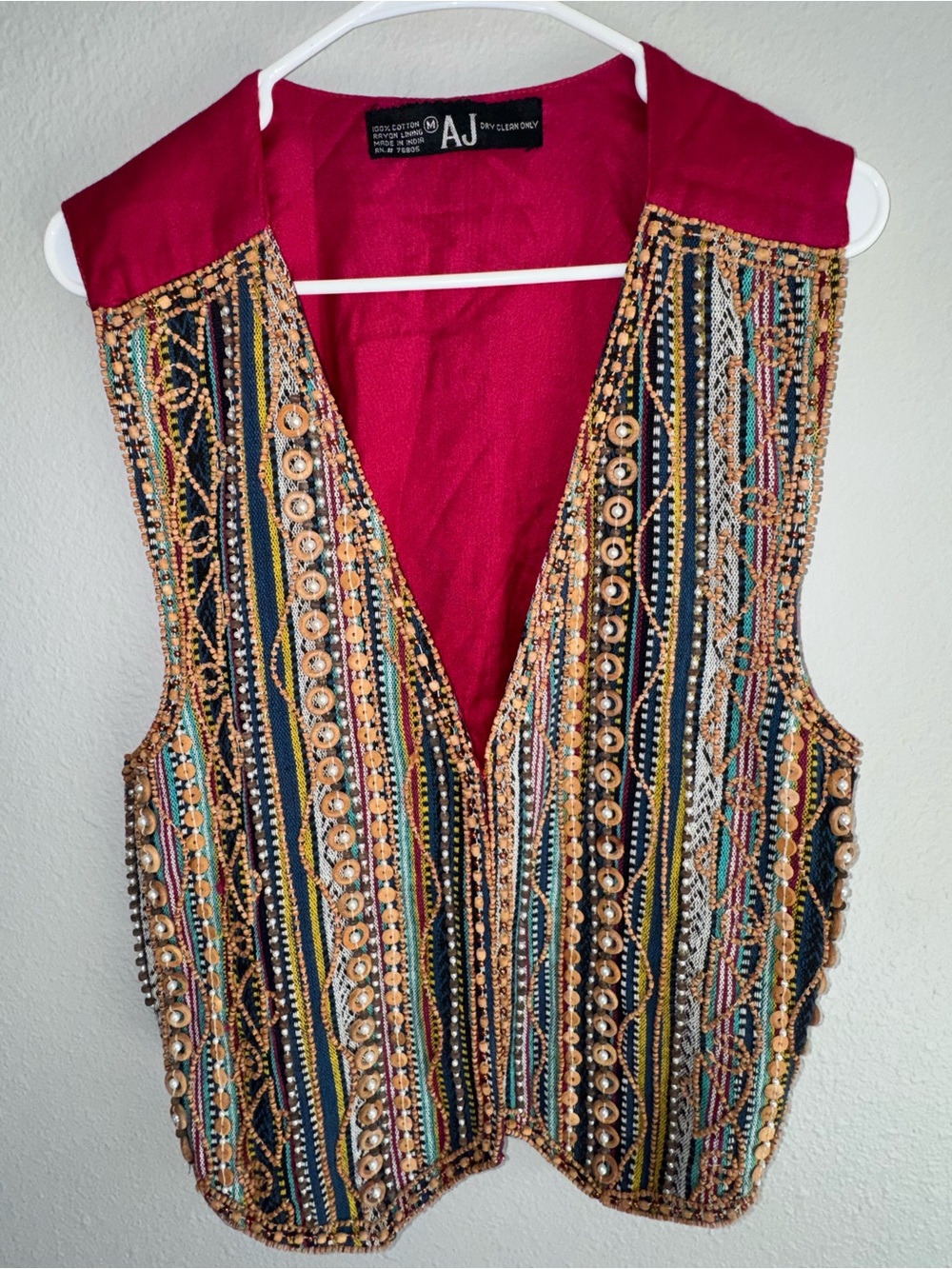 AJ 100% cotton bohemian-style multicolored beadwork vest. Size medium